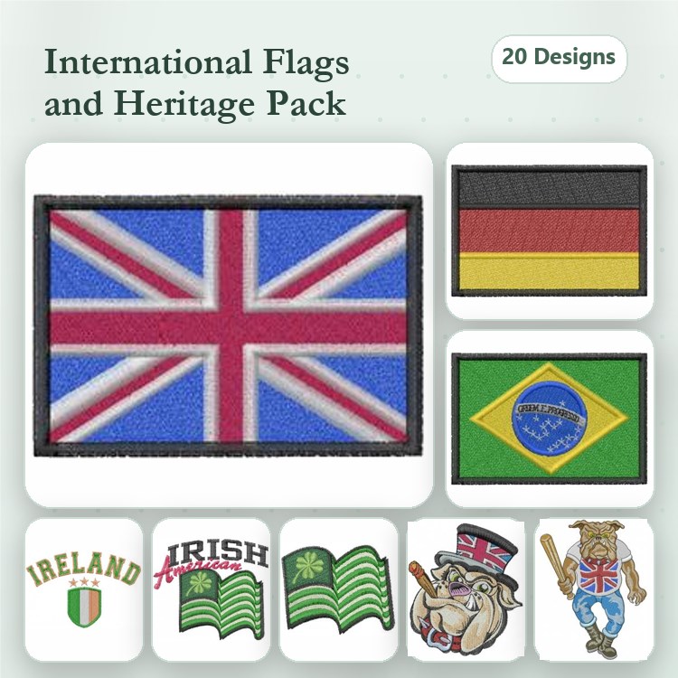 Flag Embroidery Bundle – Union Jack, German, Brazilian & Ireland Flags (20 Designs)
