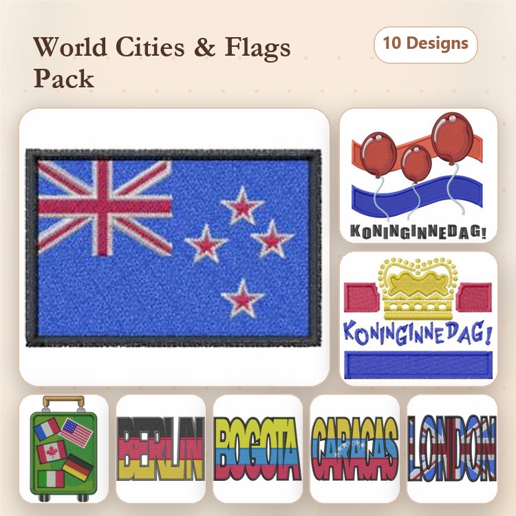 World Cities & Flags Embroidery Designs Bundle – New Zealand Flag, London City Design, Berlin City Design & More (10 Designs)