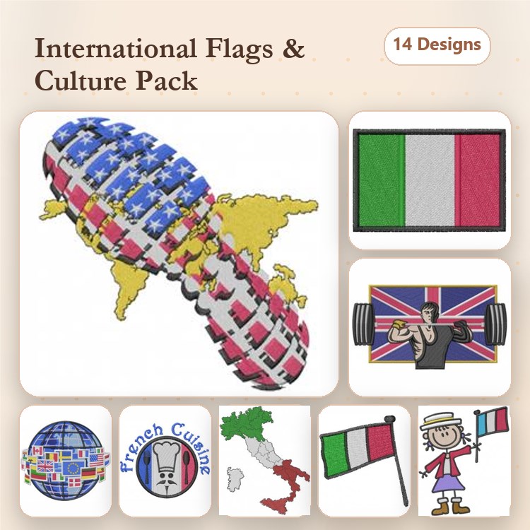 International Flags & Cultural Icons Embroidery Designs Bundle – American, Italian, British, French Flag & More (14 Designs)