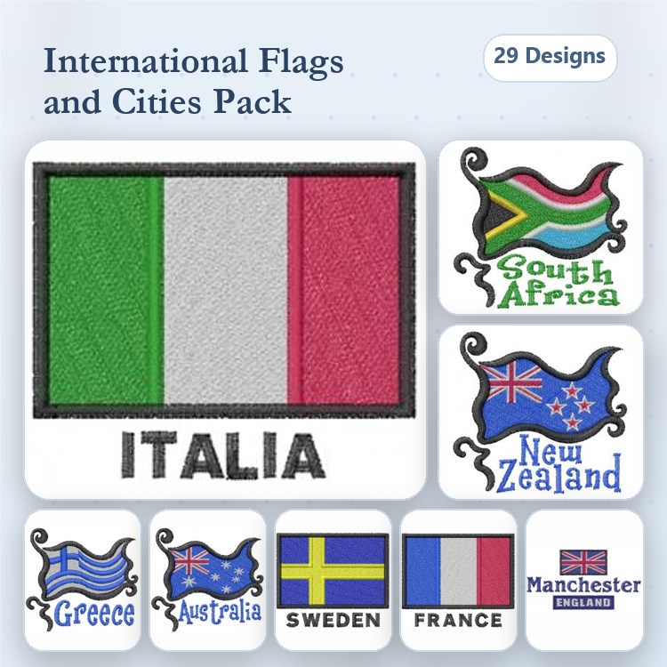 International Flags and Cities Embroidery Designs Bundle – Italia Flag, South Africa Flag, New Zealand Flag & More (29 Designs)