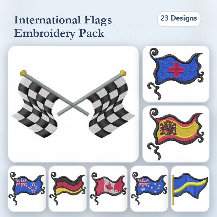 International Flags Embroidery Designs Bundle – Union Jack, German, Canadian, Australian & More (23 Designs)