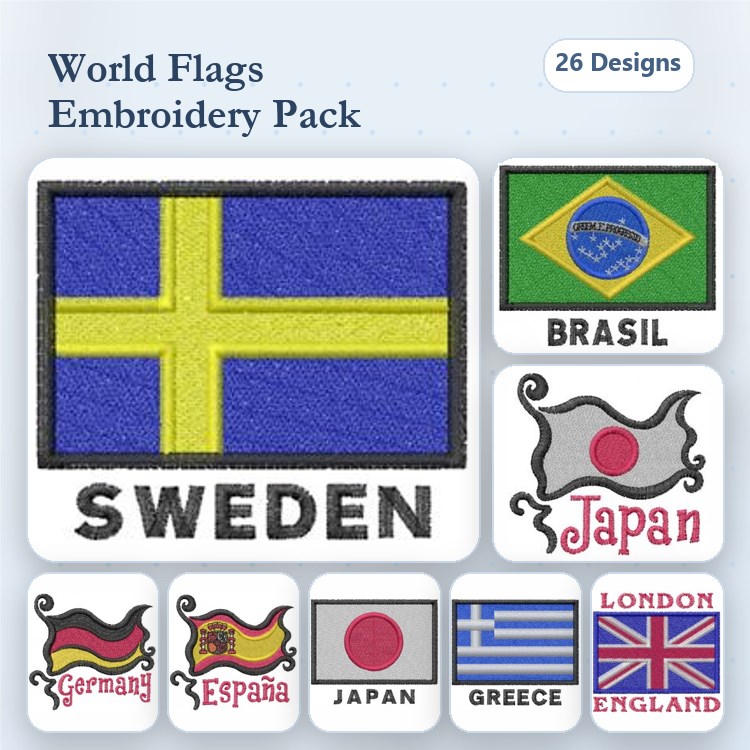 World Flags Embroidery Designs Bundle – Sweden, Brazil, Japan, Germany & More (26 Designs)