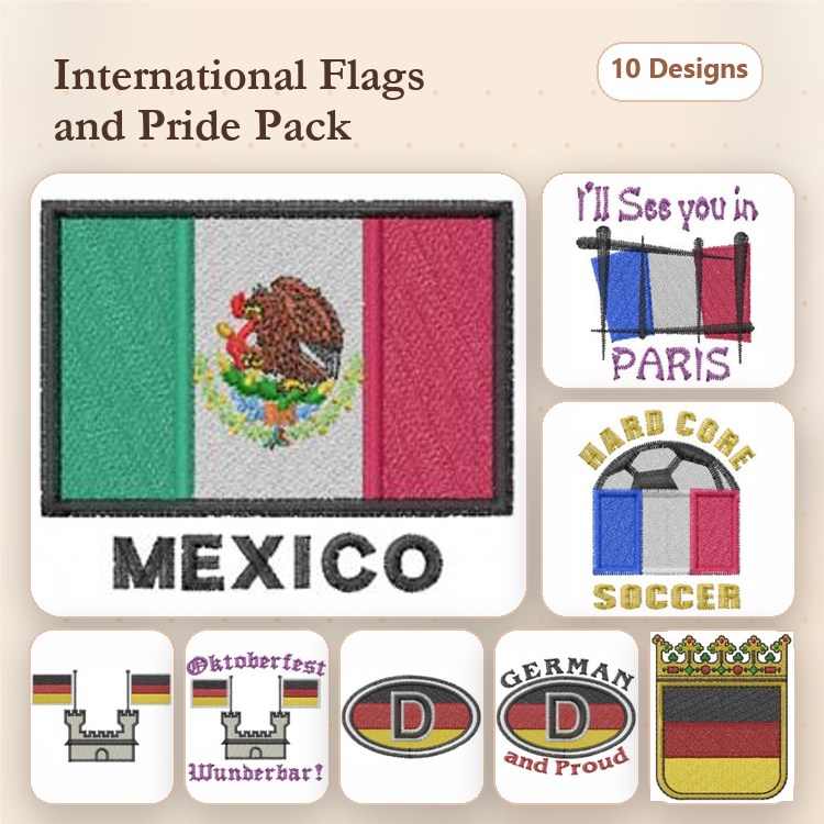International Flags Embroidery Designs Bundle – Mexico Flag, France Flag, German Pride & More (10 Designs)
