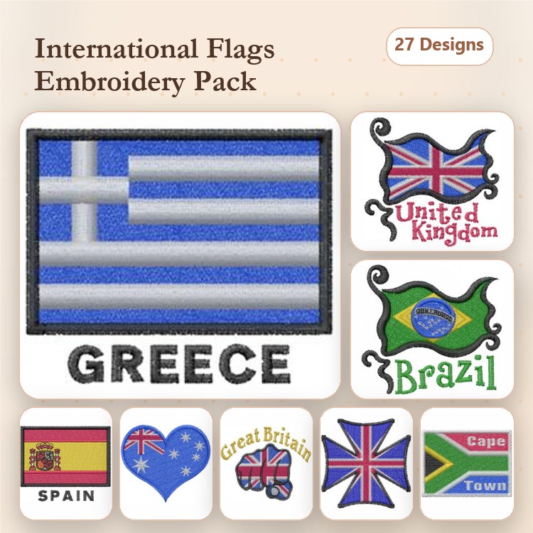 International Flags Embroidery Designs Bundle – Greece Flag, United Kingdom Flag, Brazil Flag & More (27 Designs)