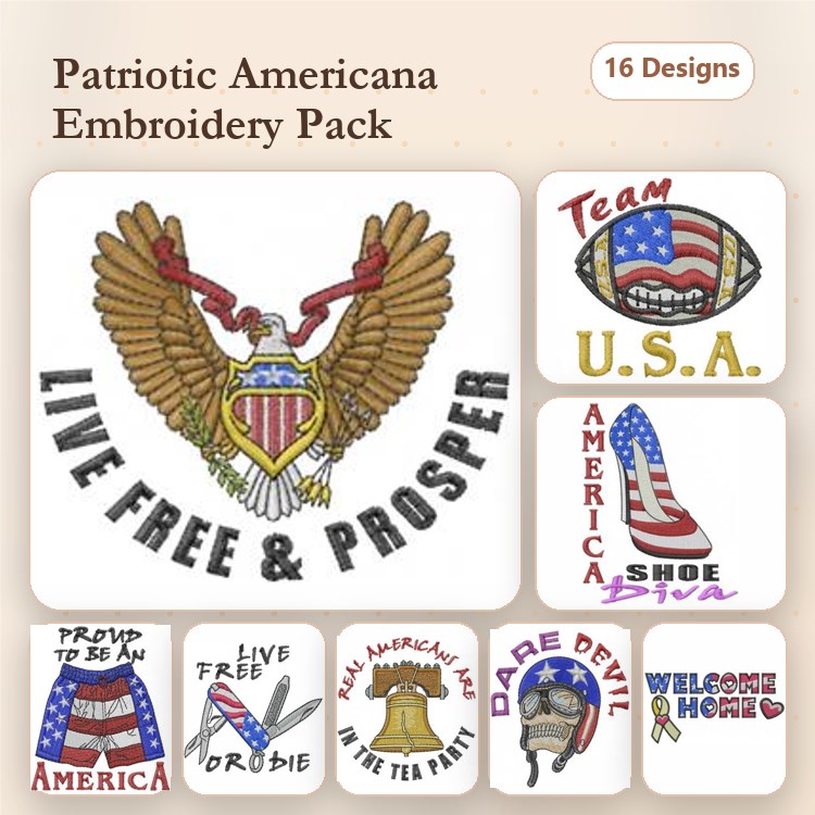 Patriotic Americana Embroidery Designs Bundle – Eagle Emblem, Live Free & Prosper, Team U.S.A. Football & More (16 Designs)