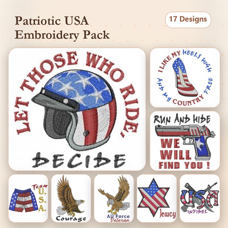 Patriotic USA Embroidery Bundle – Helmet, Freedom, Team USA & More (17 Designs)
