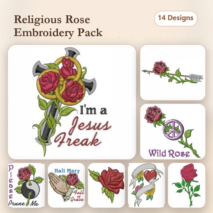 Religious Roses Embroidery Designs Bundle – I'm a Jesus Freak, Hail Mary, Please Pray for Me & More (14 Designs)