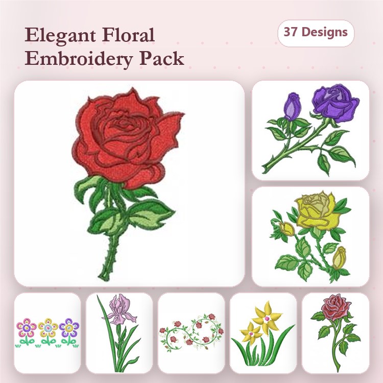 Elegant Floral Embroidery Designs Bundle – Red Rose, Purple Rose, Daisy Bouquet & More (37 Designs)