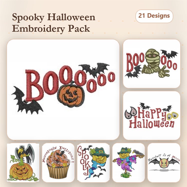 Halloween Fun Embroidery Designs Bundle – Boo Text, Halloween Pumpkin, Mummy with Pumpkin & More (21 Designs)