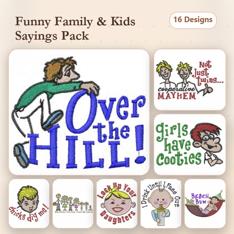 Humorous Sayings Embroidery Bundle – Over the Hill, Girls Have Cooties, I'm the Big Brother & More (16 Designs)