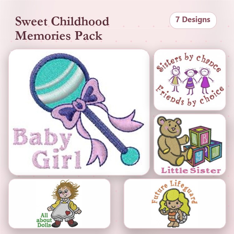 Childhood Memories Embroidery Designs Bundle – Lollipop, Baby Girl, Little Sister Bear & More (7 Designs)