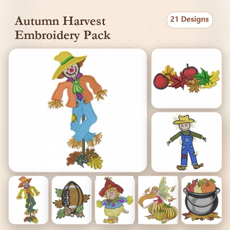 Autumn Harvest Embroidery Designs Bundle – Scarecrow with Pumpkin, Basket of Apples, Fall Leaves & More (21 Designs)