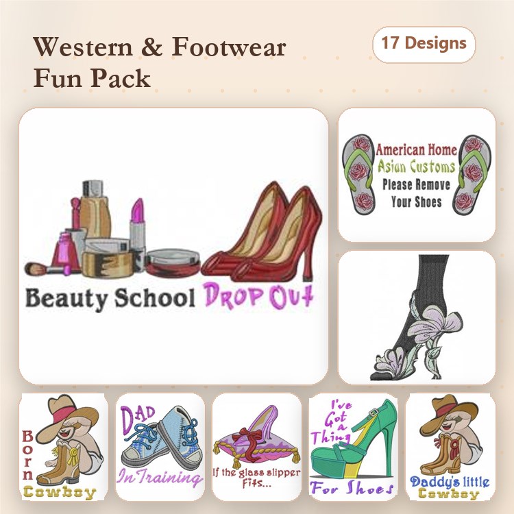Western & Footwear Embroidery Designs Bundle – Cowboy Boots, High Heels, Sassy Little Cowgirl & More (17 Designs)