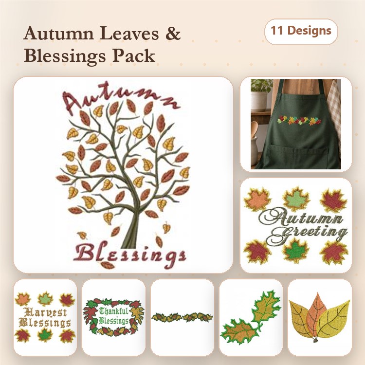 Autumn Leaves Embroidery Designs Bundle – Autumn Blessings Tree, Harvest Blessings, Thankful Blessings & More (11 Designs)