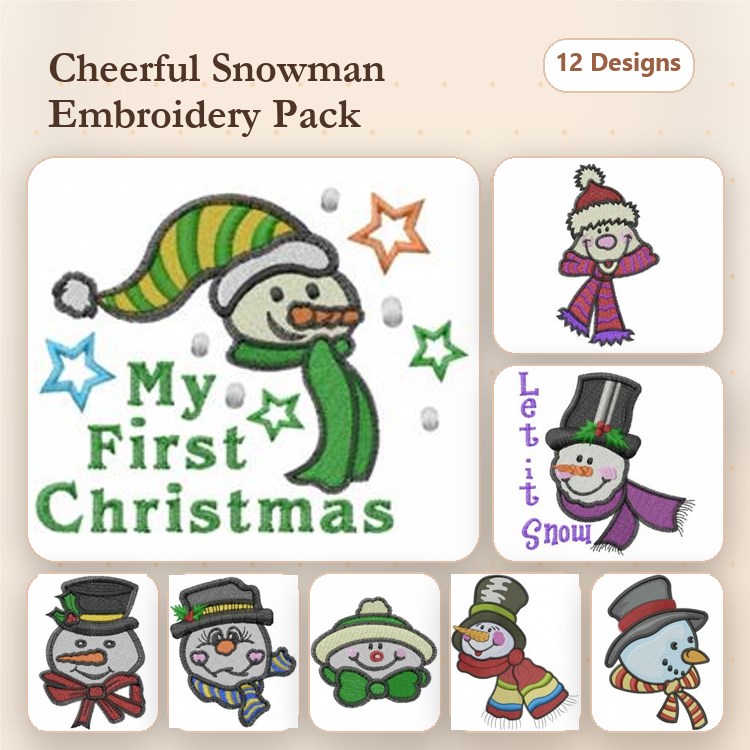 Cheerful Snowman Embroidery Bundle – Snowman with Scarf, Let it Snow Snowman, My First Christmas Snowman & More (12 Designs)