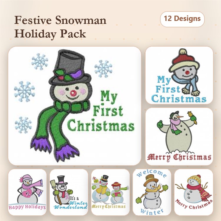 Snowman Embroidery Designs Bundle – My First Christmas, Merry Christmas, Happy Holidays & More (12 Designs)