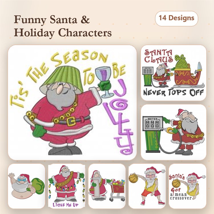 Funny Santa & Holiday Characters Embroidery Designs Bundle – Santa with Wine Glass, Santa in Christmas Sweater & More (14 Designs)