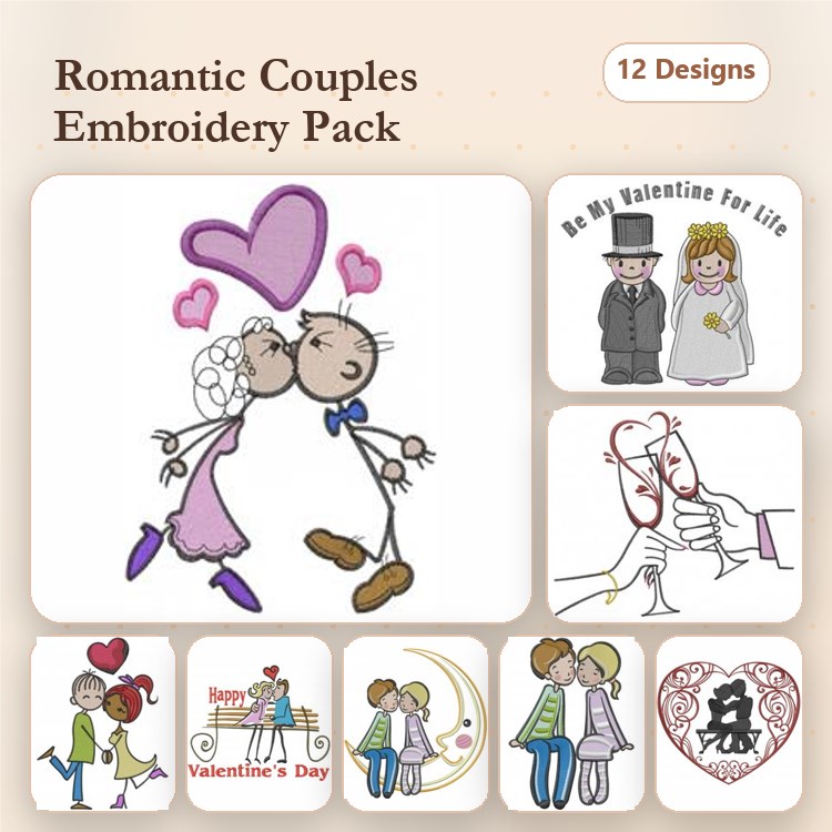 Romantic Couples Embroidery Designs Bundle – Kissing Couple, Bride and Groom, Champagne Toast & More (12 Designs)