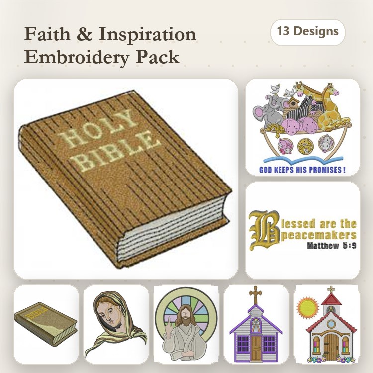 Faith and Inspiration Embroidery Designs Bundle – Holy Bible, Angel, Dove with Olive Branch & More (13 Designs)
