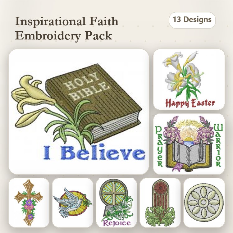 Inspirational Faith Embroidery Designs Bundle – Holy Bible, I Believe, Prayer Warrior & More (13 Designs)