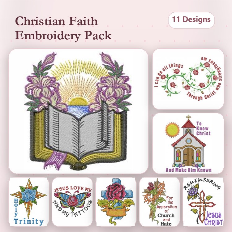Christian Faith Embroidery Designs Bundle – Open Bible with Lilies, Holy Trinity, Jesus Loves Me My Heart & More (11 Designs)