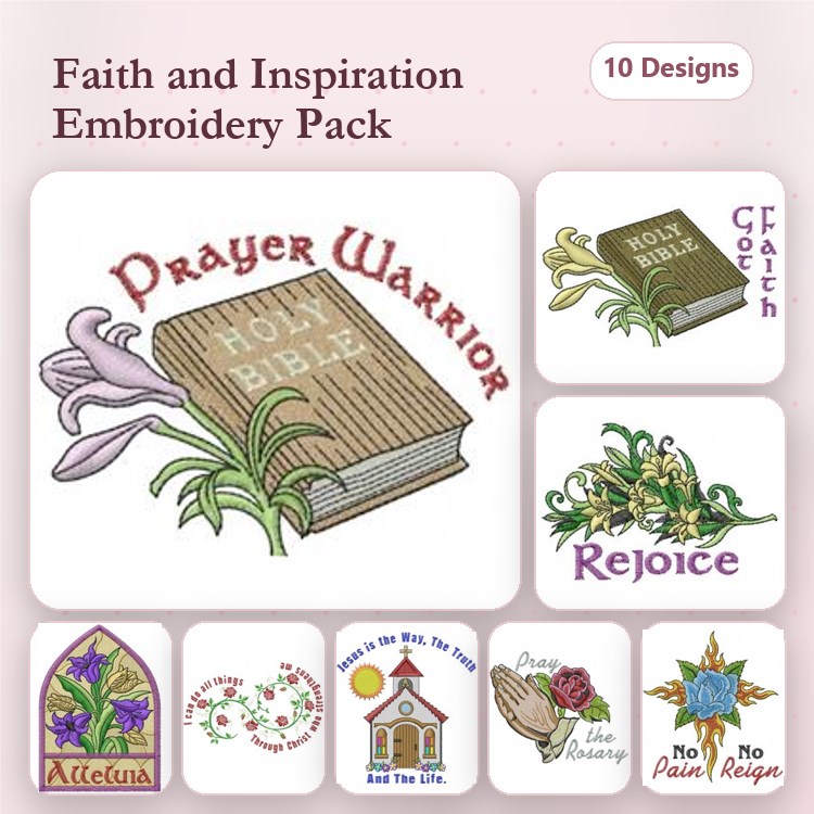 Faith and Inspiration Embroidery Designs Bundle – Prayer Warrior, Holy Bible, Rejoice & More (10 Designs)