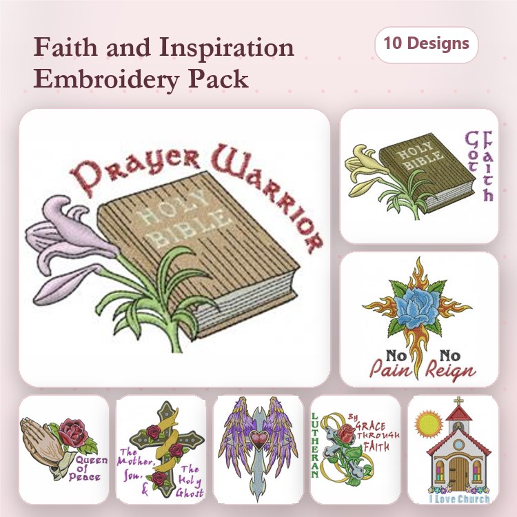 Faith & Inspiration Embroidery Designs Bundle – Prayer Warrior, Holy Bible with Flowers, Cross with Roses & More (10 Designs)