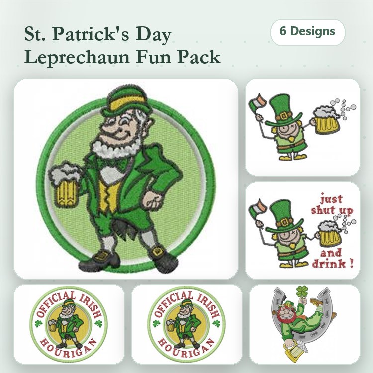 Leprechaun Embroidery Designs Bundle – Leprechaun with Beer, Official Irish Hourigan Badge, Shamrock & More (6 Designs)