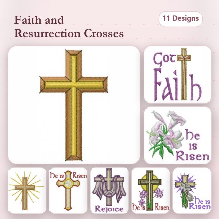 Faith and Resurrection Crosses Embroidery Designs Bundle – Gold Cross, He is Risen, Floral Cross & More (11 Designs)