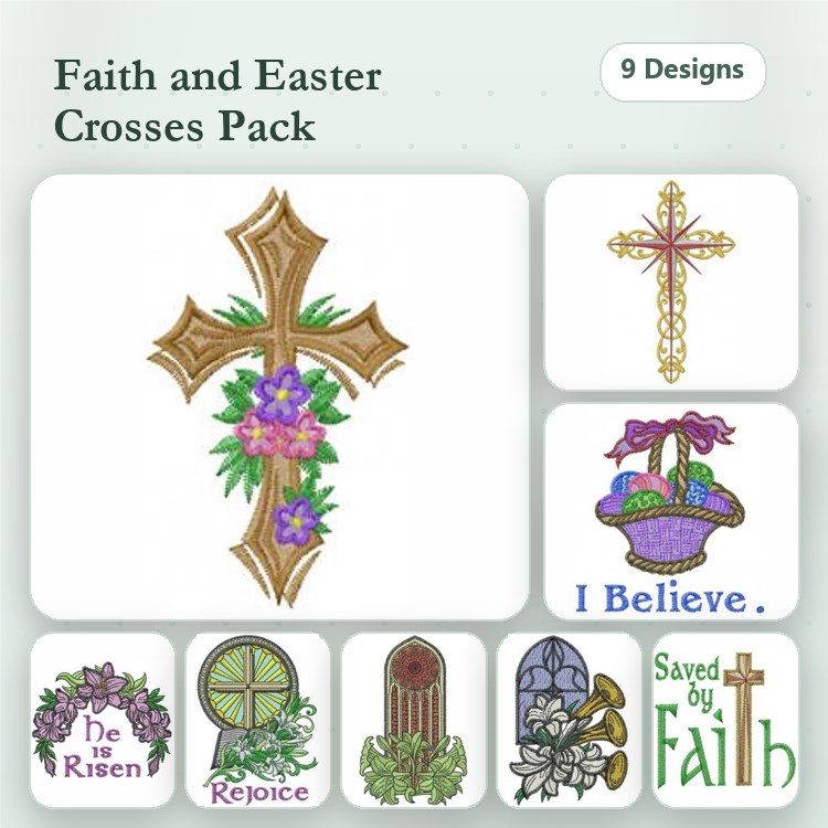 Faith and Easter Crosses Embroidery Designs Bundle – Cross with Floral Accents, Ornate Cross, Easter Basket & More (9 Designs)