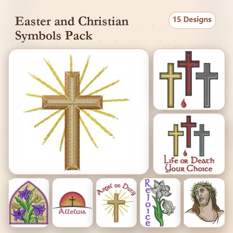 Easter & Christian Symbols Embroidery Designs Bundle – Golden Cross, Celtic Cross, Dove of Peace & More (15 Designs)