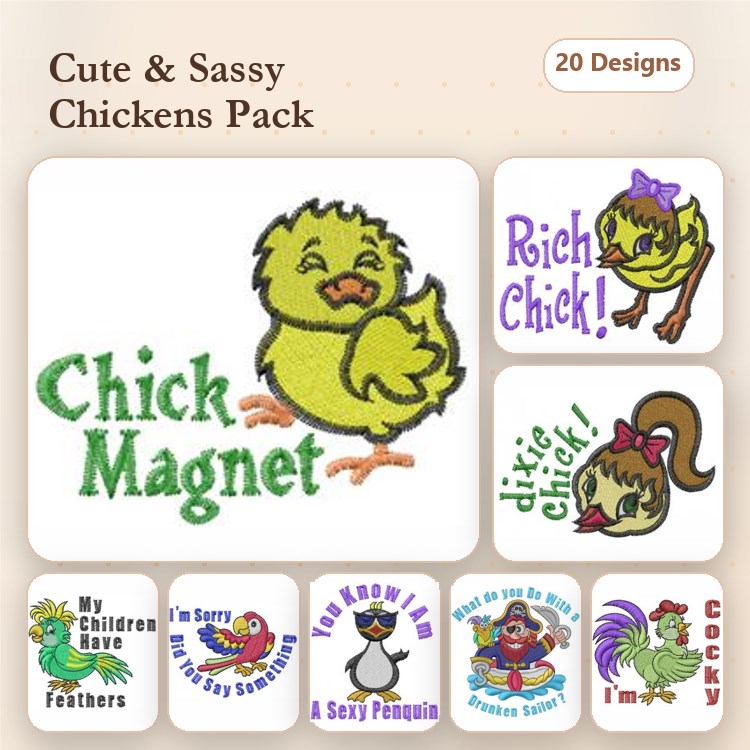 Cute and Sassy Chickens Embroidery Designs Bundle – Chick Magnet, Rich Chick, I'm a Cocky Chicken & More (20 Designs)