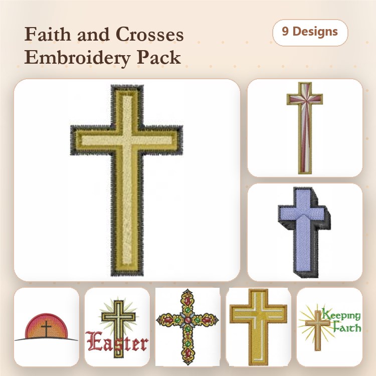 Faith and Crosses Embroidery Designs Bundle – Yellow Cross, Brown Cross, Easter Cross & More (9 Designs)
