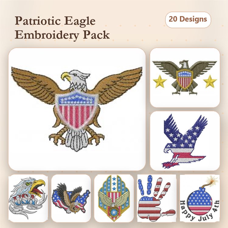 Patriotic Eagle Embroidery Designs Bundle – Eagle with Shield, Bald Eagle with Stars, American Flag Eagle & More (20 Designs)