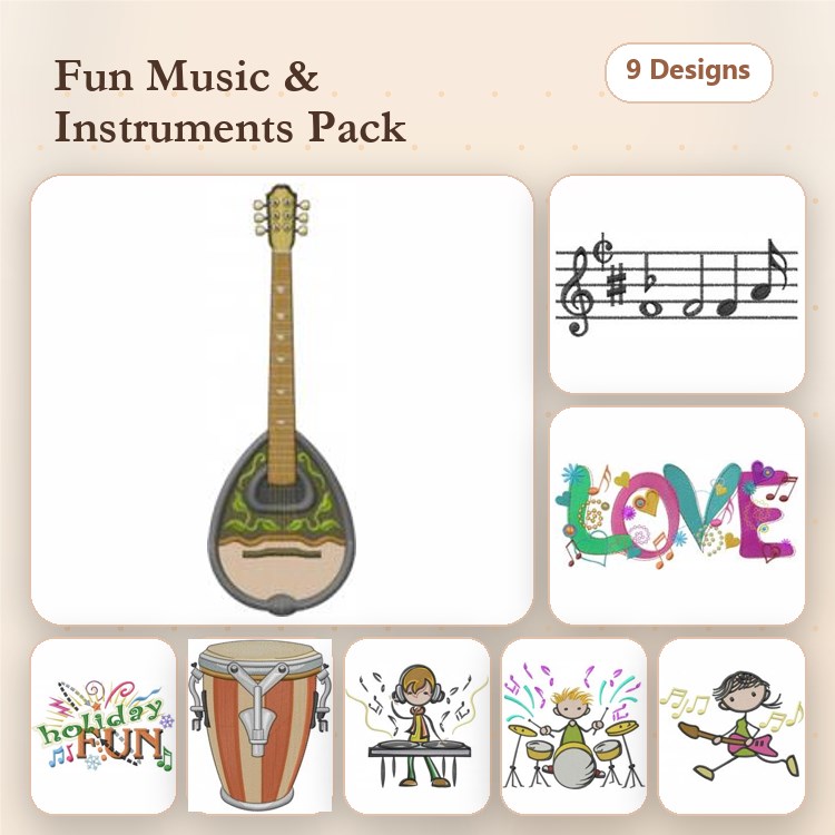 Music and Instruments Embroidery Designs Bundle – Guitar, Mandolin, Musical Notes & More (9 Designs)