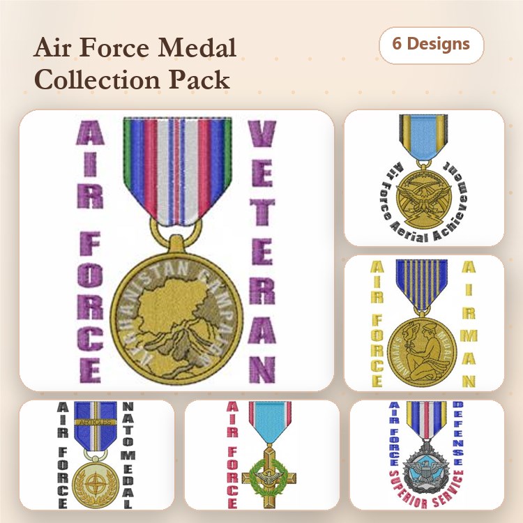 Air Force Medal Embroidery Bundle – Air Force Medal with Ribbon, Veteran's Medal, Air Force Achievement Medal & More (6 Designs)