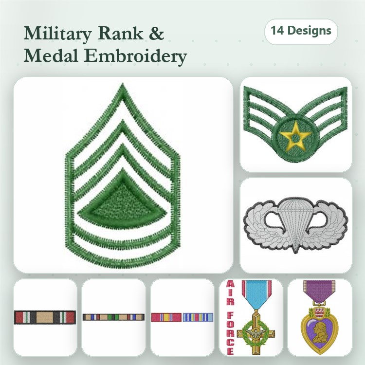 Military Rank and Medals Embroidery Bundle – Sergeant Chevron, Airborne Wings, Medal of Honor & More (14 Designs)