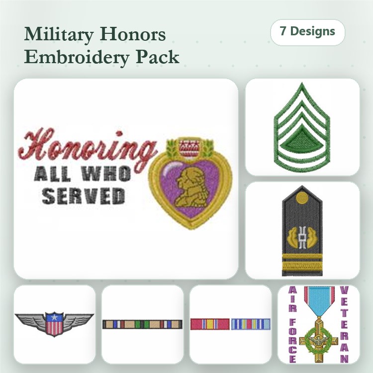 Military Honors Embroidery Designs Bundle – Purple Heart Emblem, Air Force Veteran Badge, Army Rank Chevron & More (7 Designs)