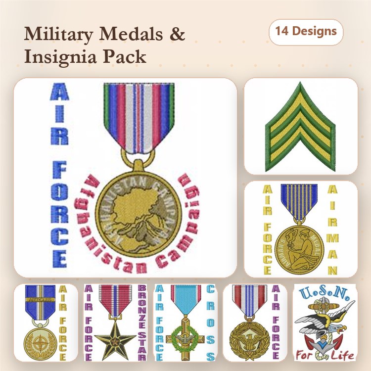 Military Medals and Insignia Embroidery Designs Bundle – Air Force Medal, Army Medal, Bronze Star Medal & More (14 Designs)