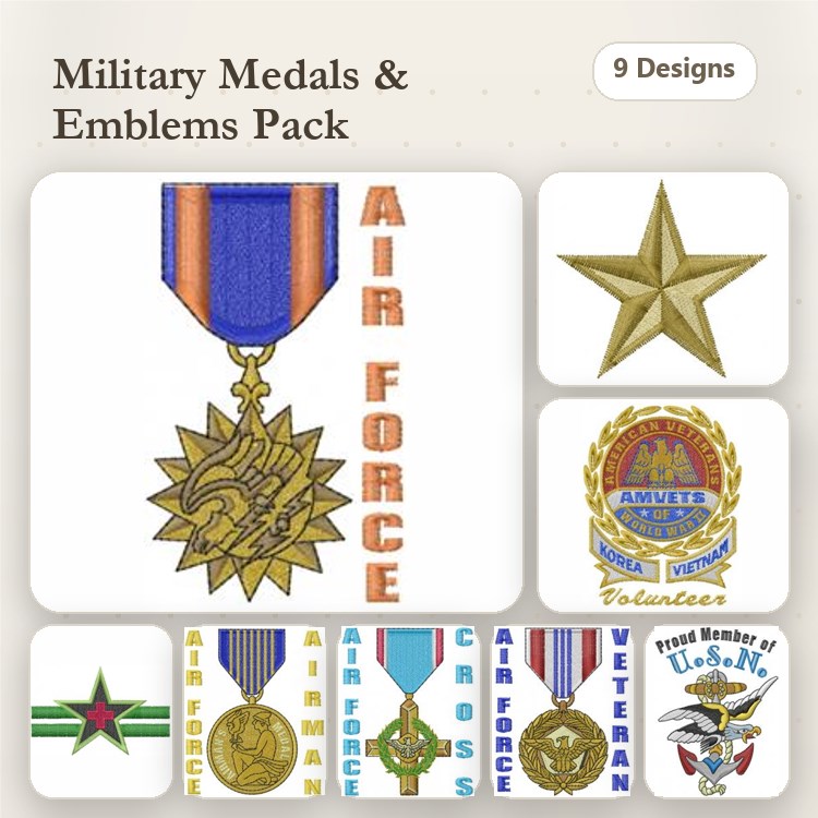 Military Medals & Emblems Embroidery Designs Bundle – Air Force Medal, Gold Star Medal, Volunteer Emblem & More (9 Designs)