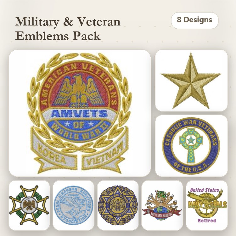Military & Veteran Emblems Embroidery Bundle – AMVETS, Korea, Vietnam, Star & More (8 Designs)