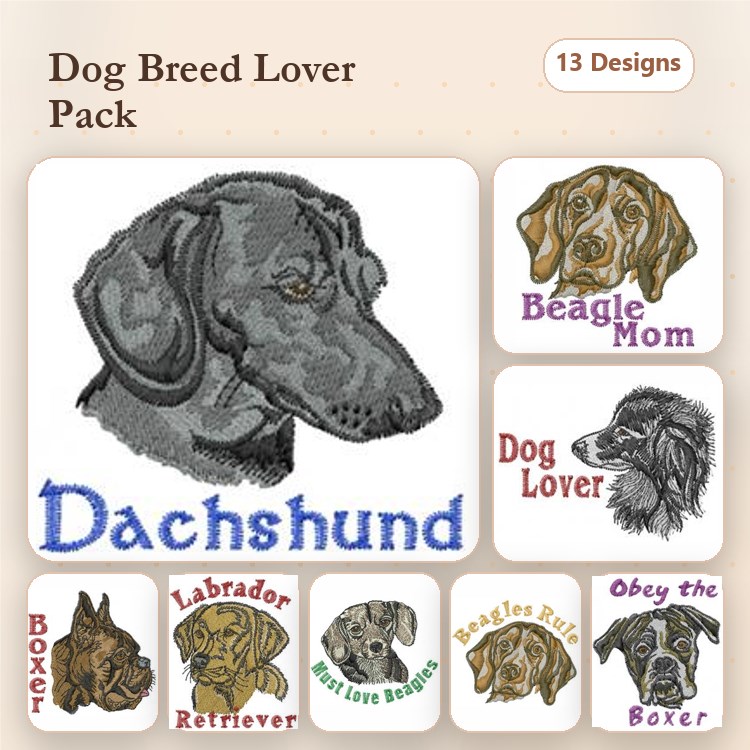 Dog Breed Embroidery Bundle – Siberian Husky, Rottweiler & More (14 Designs)