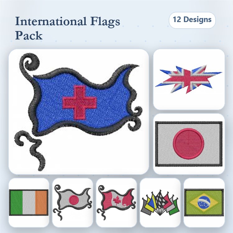 International Flags Embroidery Bundle – Swiss, British, Japanese & More (12 Designs)