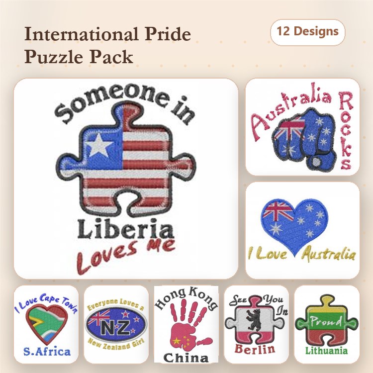 International Pride Embroidery Designs Bundle – Someone in Liberia Loves Me, Australia Rocks, I Love Australia & More (12 Designs)