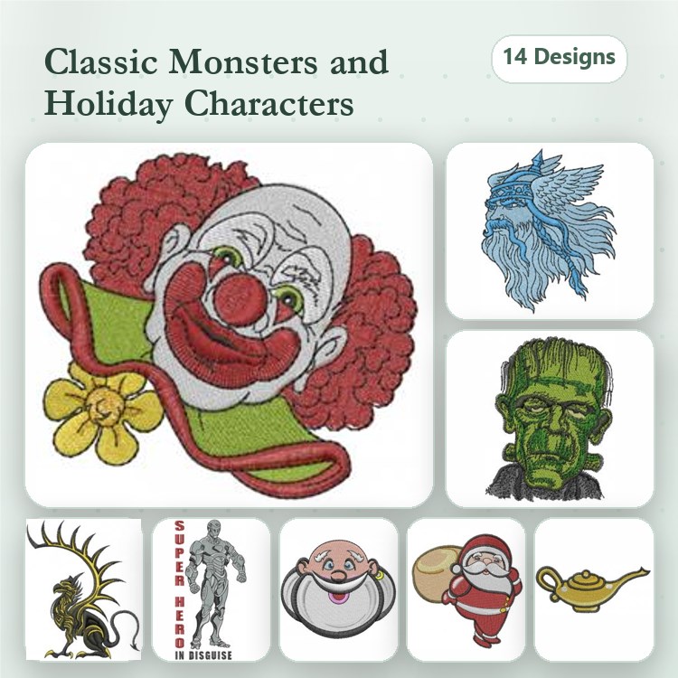 Classic Monsters & Holiday Characters Embroidery Designs Bundle – Clown, Frankenstein, Santa, Easter Bunny & More (14 Designs)