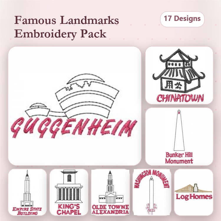 Famous Landmarks Embroidery Designs Bundle – Guggenheim, Chinatown, Bunker Hill Monument & More (17 Designs)