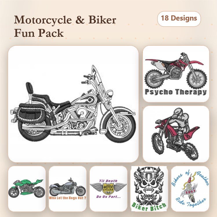 Motorcycle & Biker Embroidery Designs Bundle – Motorcycle, Biker with Skull, Dirt Bike & More (18 Designs)
