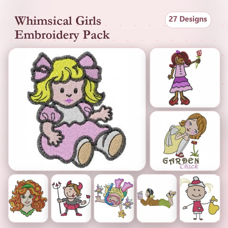 Whimsical Girls Characters Embroidery Designs Bundle – Blonde Girl with Bow, Brunette Girl with Flower, Girl in Pink Dress & More (27 Designs)
