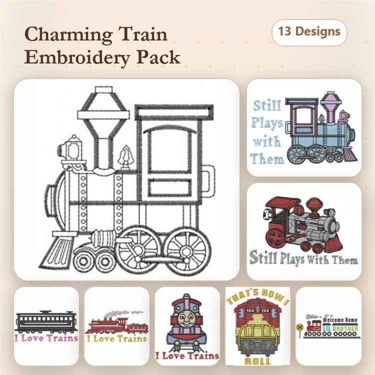 Train-Themed Embroidery Bundle – Steam Engine Train, Red Train, Cartoon Train & More (13 Designs)