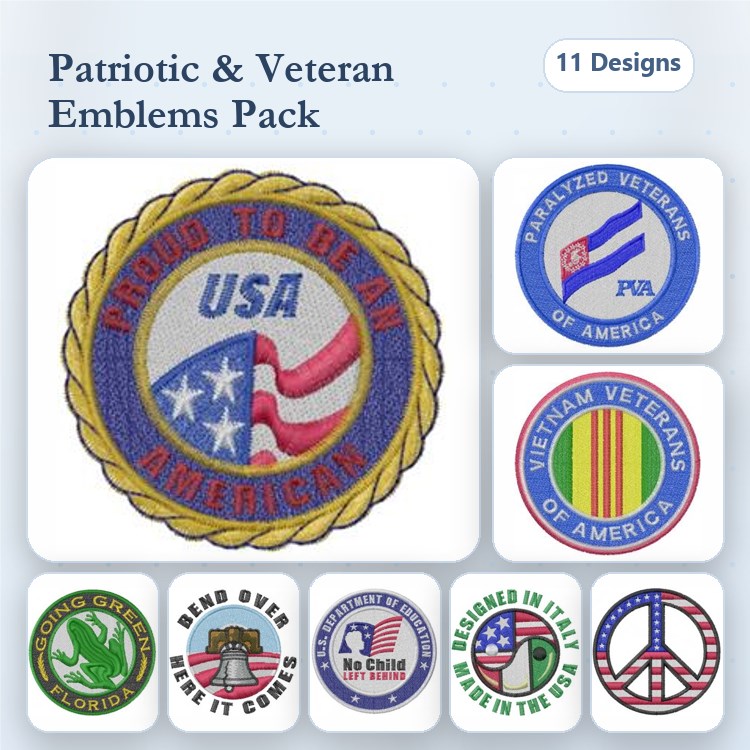 Patriotic Emblems Embroidery Designs Bundle – Proud to be an American Badge, God Bless the USA, Veterans with Flag & More (11 Designs)